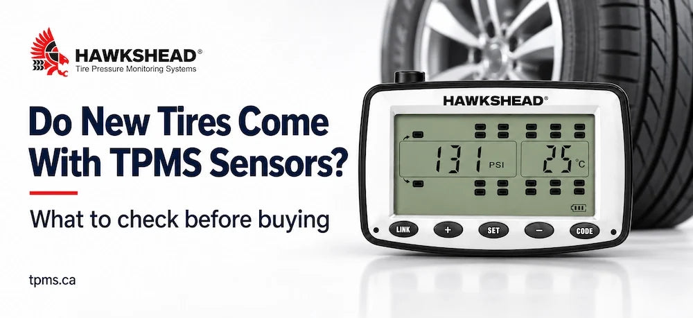 HawksHead Talon 22 TPMS monitor beside a new tire and wheel.